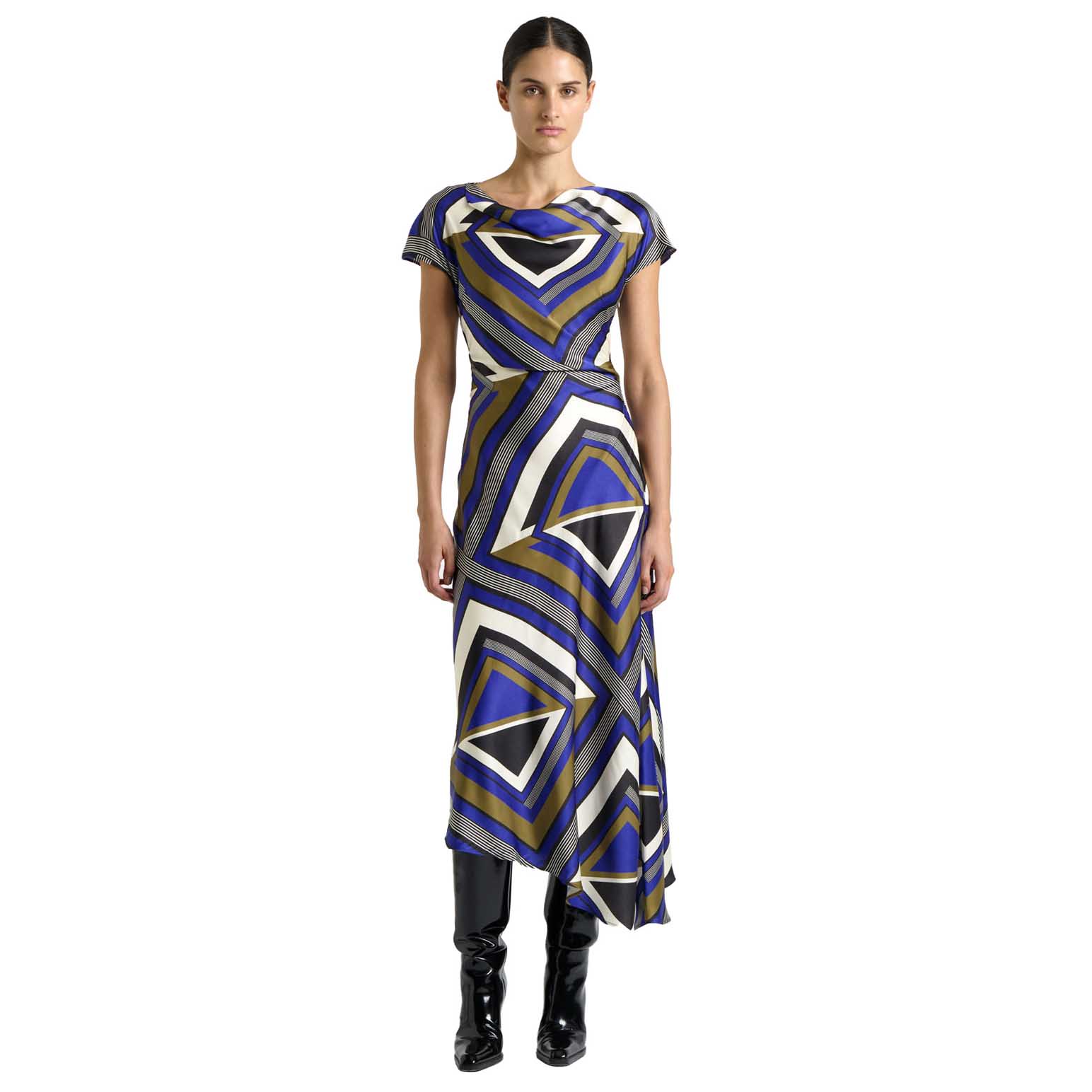Cue Cobalt Tile Draped Neck Asymmetric Dress